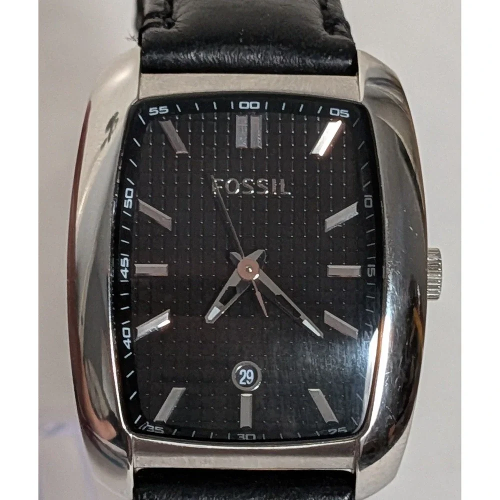 Fossil Watch Black Leather Strap Tonneau Stainless Steel Date Men's